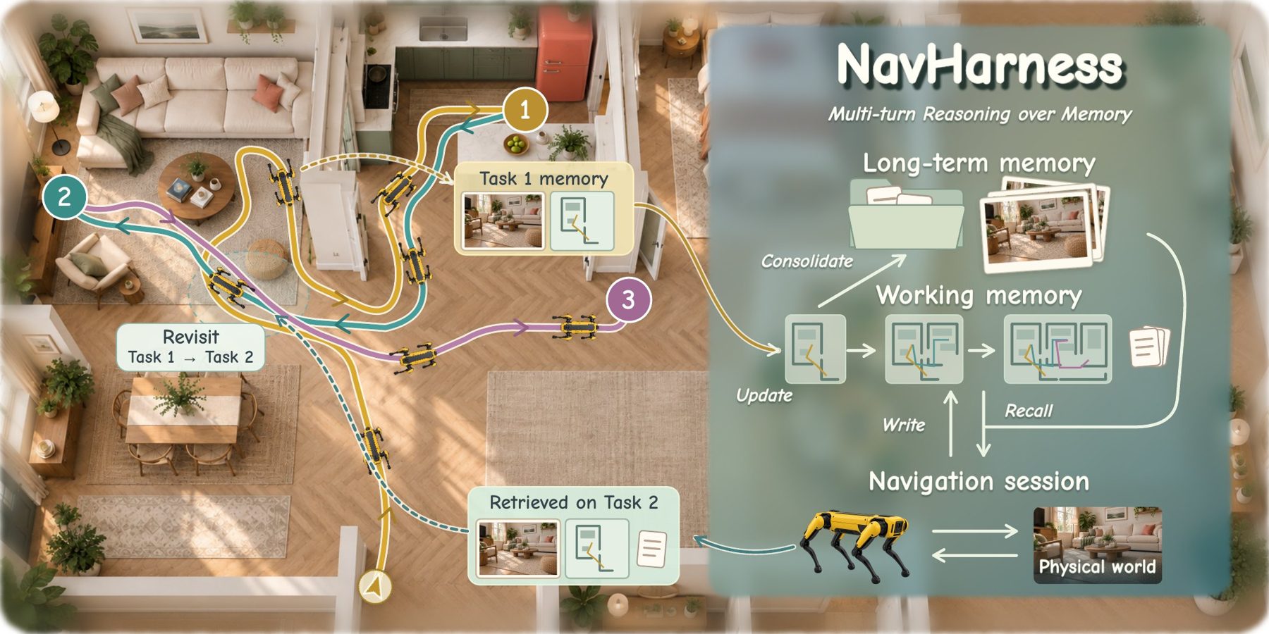 NavHarness teaser: a robot carrying experience between tasks in a house through working memory and long-term house notes